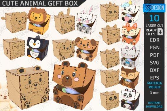 Animal-Themed Laser Cut Box Laser cut box designs featuring various cute animal-themed candy boxes including bear, lion, rabbit, fox, penguin, dog, and