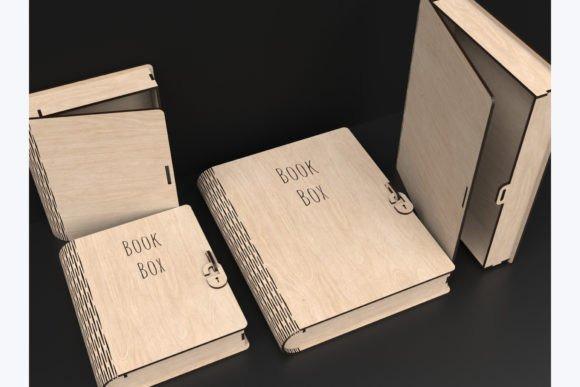 Laser Cut Wood Book Box — laser cut wood box laser cut wood box shaped like a book with engraved text 'BOOK BOX' on the cover