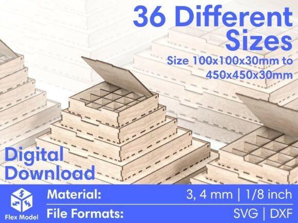 Laser Cut Wood Box Designs Laser cut wood box with removable lid and multiple compartments in various sizes from 100x100x30mm to 450x450x30mm