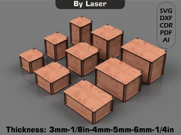 Laser Cut Wooden Box Designs Laser cut wooden box designs in various sizes with flip-up lids and visible laser-cut joints