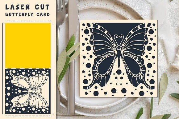 Laser Cut Card Butterfly Design Butterfly laser cut card with intricate wing patterns and circular cutout details on a table setting