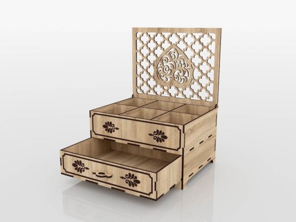 Laser Cut Jewelry Box with Drawers Laser cut jewelry box with multiple drawers and decorative cutout patterns on the back panel