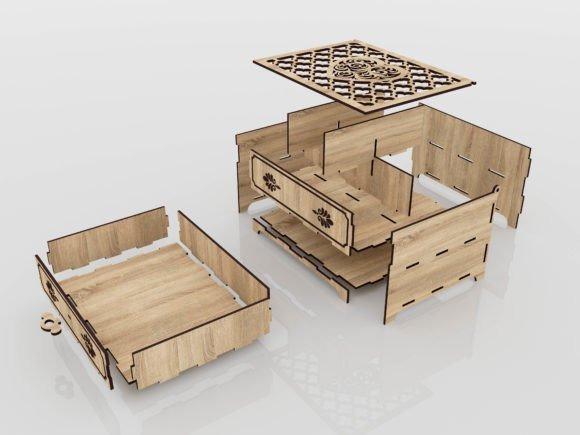Laser Cut Jewellery Box Design Laser cut jewellery box with multiple drawers and decorative laser-cut handles in plywood