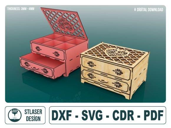 Laser Cut Jewelry Box Chest Laser cut jewelry box designs featuring a miniature chest of drawers with intricate floral patterns and multiple compartments