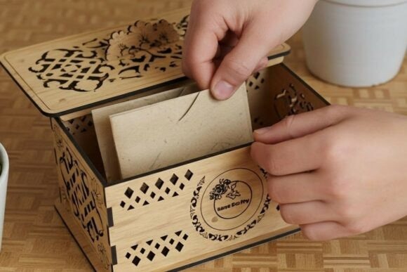 Laser Cut Jewellery Box Laser cut jewellery box with intricate floral and geometric patterns on wood being opened to place a card inside