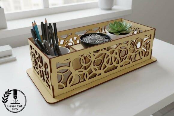 Interlocking Circles Laser Cut Jewellery Box Laser cut jewellery box with interlocking circle pattern in light wood holding pens and small plants