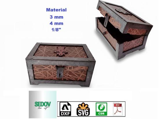 Laser Cut Jewelry Box Design Laser cut jewelry box with patterned panels and a decorative latch, shown closed and open