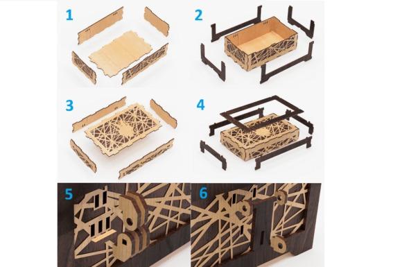 Laser Cut Jewelry Box Assembly Step-by-step assembly of a laser cut jewelry box with intricate patterned panels and engraved details