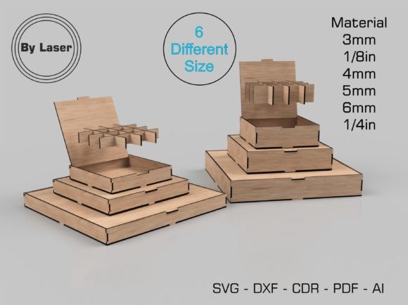 Laser Cut Wood Organizer Boxes — laser cut wood projects Laser cut wood projects showing wooden organizer boxes with compartments in six different sizes made from various
