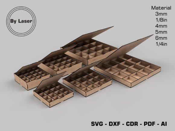 Laser Cut Wood Organizer Boxes — laser cut wood projects Laser cut wood projects showing wooden organizer boxes with multiple compartments in various sizes and thicknesses