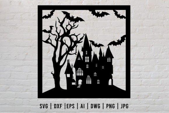 Haunted Castle Halloween Sign — happy halloween laser cut signs Happy halloween laser cut signs featuring a haunted castle with tall towers, crooked windows, bats, and a twisted tree