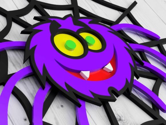 Happy Halloween Laser Cut Spider Sign — happy halloween laser cut signs Happy Halloween laser cut signs featuring a purple cartoon spider on a black spiderweb background