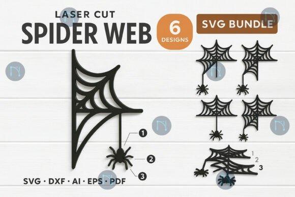 Spider Web Laser Cut Wall Art — Halloween laser cut wall decorations Halloween laser cut wall decorations featuring six black spider web designs with spiders in SVG bundle