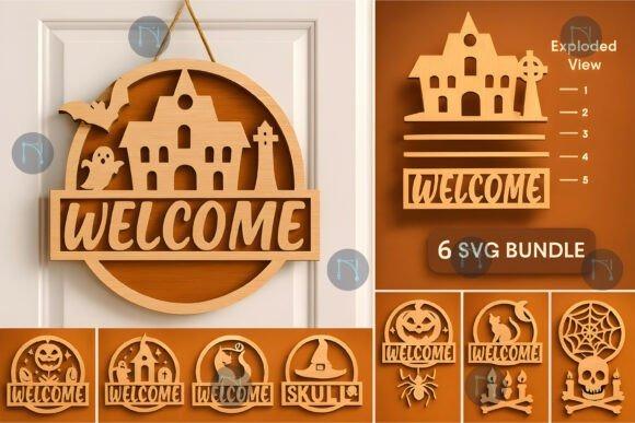 Wooden Laser Cut Halloween Signs Wooden laser cut Halloween signs featuring haunted house, ghost, bat, and welcome text in natural wood