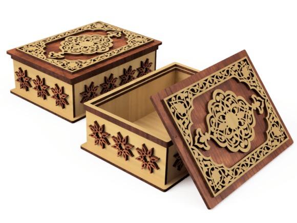 Oriental Laser Cut Jewelry Box Oriental-style laser cut jewelry box with intricate geometric and ornamental wooden details