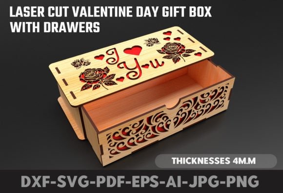 Laser Cut Jewelry Box With Drawer Laser cut jewelry box with drawer featuring intricate floral and heart designs on wood
