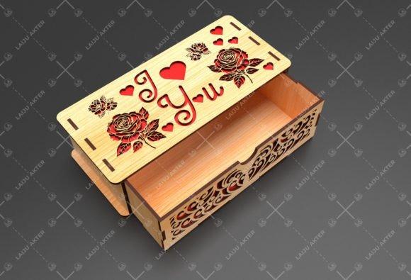 Laser Cut Jewelry Box Design laser cut jewelry box with intricate floral and heart designs and an open lid showing interior storage