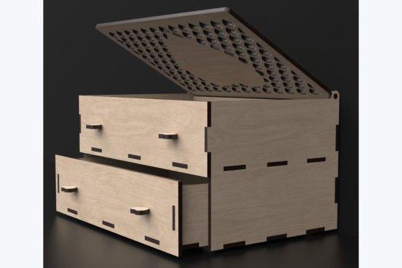Laser Cut Jewellery Box with Flip-Up Lid Laser cut jewellery box with decorative flip-up lid and two drawers made of plywood