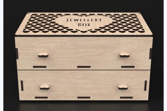 Laser Cut Jewellery Box Laser cut jewellery box with hinged lid featuring heart-shaped cutouts and engraved label on top