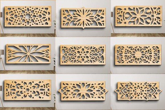 Wooden Laser Cut Wall Decor Multi-panel wooden laser cut mandala wall decor displayed across a wide interior wall — wooden laser cut wall decor