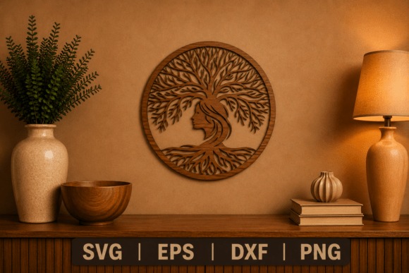 Laser Cut Tree Wall Art — laser cut decor ideas Laser cut decor ideas featuring a round wooden wall art with a tree and woman's face design above a wooden shelf with