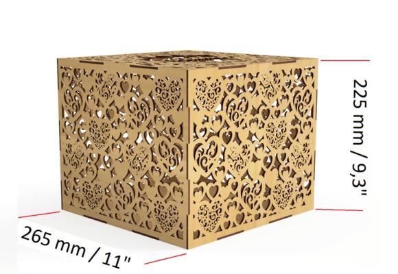 Laser Cut Gift Box Designs Elegant wooden laser cut gift box designs with intricate heart and floral patterns, measuring 265 mm by 225 mm