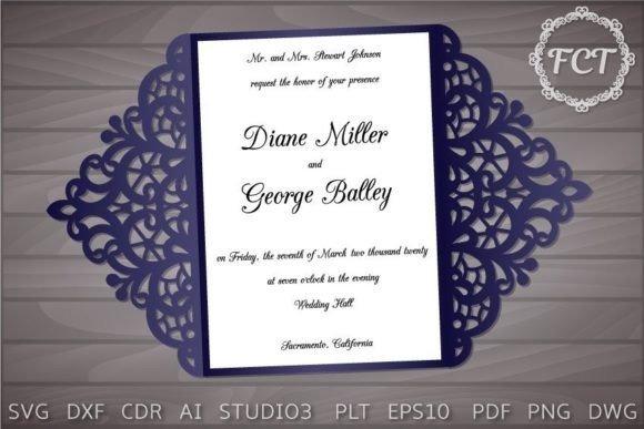 Laser Cut Card Wedding Invitation Elegant laser cut card with intricate lace-style decorative pattern in navy blue for wedding invitation.