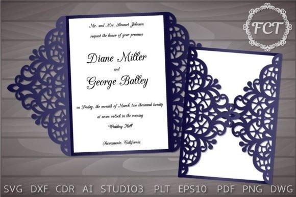 Laser Cut Card Wedding Invitation Elegant laser cut card with intricate lace-style decorative pattern in dark blue for wedding invitation