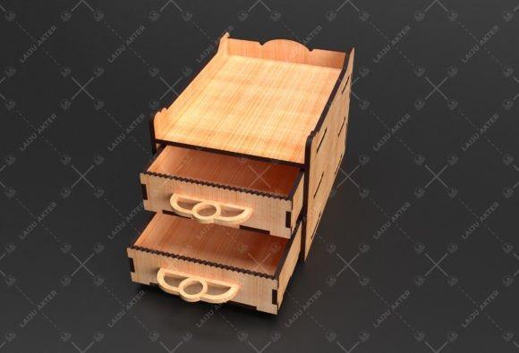 Laser Cut Jewelry Box laser cut jewelry box with two drawers made of light wood featuring decorative handles and a scalloped top edge