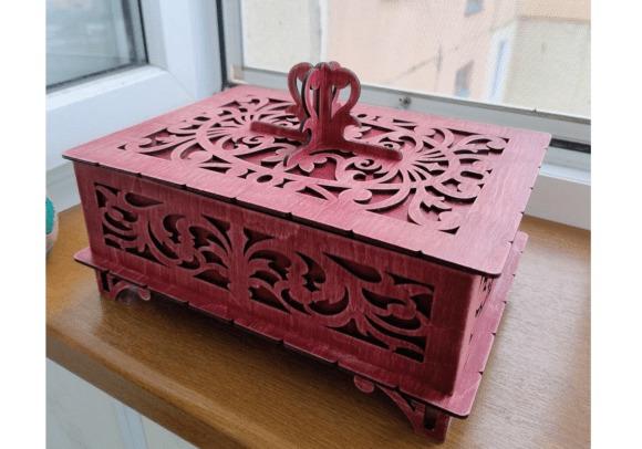 Laser Cut Wood Box Ornate Filigree Ornate laser cut wood box with intricate filigree design and decorative handle on lid