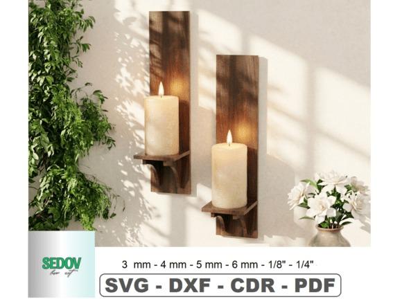 Wall Shelf Candle Holder — laser cut wood projects Laser cut wood projects featuring wall shelves holding lit candles with decorative wooden backplates