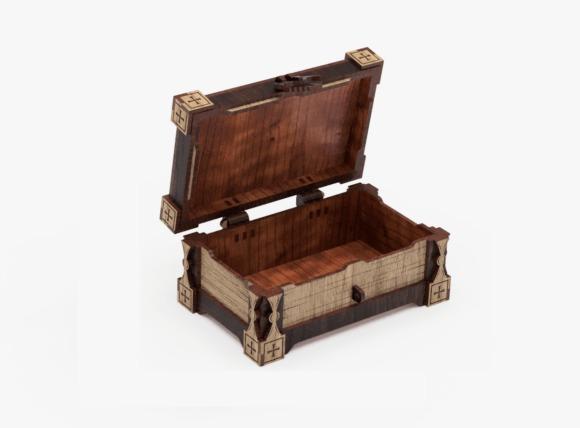 Mystical Wooden Laser Cut Gift Box — laser cut gift box designs Open mystical wooden laser cut gift box with engraved decorative corners and dark wood accents — laser cut gift box designs