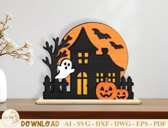 Haunted House Happy Halloween Sign — happy halloween laser cut signs Happy Halloween laser cut signs featuring a haunted house with bats, ghost, pumpkins, and bare tree in front of an orange