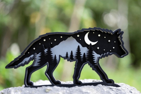 Wooden Laser Cut Wall Decor Wolf silhouette wooden laser cut wall art with detailed wilderness pattern — wooden laser cut wall decor