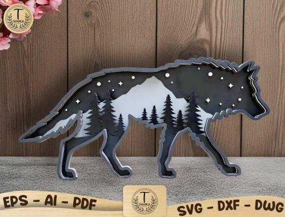 Wooden Laser Cut Wolf Wall Art — wooden laser cut wall decor Wolf silhouette wooden laser cut wall decor with mountain and tree details