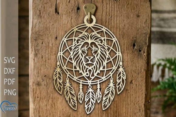 Lion Dream Catcher Wall Decor — laser cut wall decor Laser cut wall decor featuring a lion-themed dream catcher with intricate feathers hanging on wood