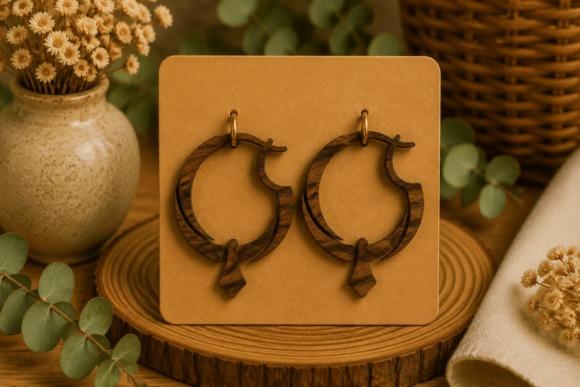 Wooden Crescent Hoop Earrings — laser cut jewelry Wooden crescent hoop earrings with geometric cutouts displayed on a brown card — laser cut jewelry