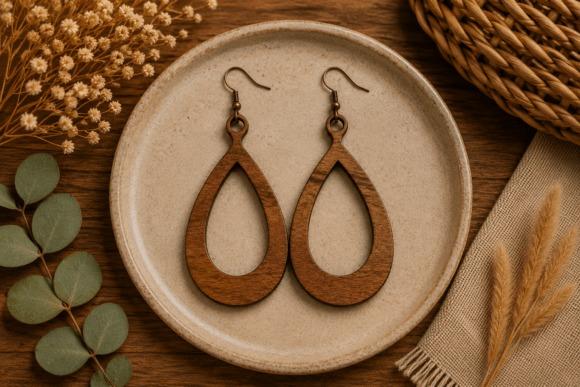 Laser Cut Jewelry Teardrop Earrings Minimal teardrop laser cut jewelry earrings made of natural wood on a beige plate