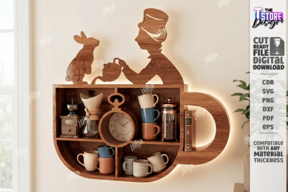 Laser Cut Teacup Wall Shelf — laser cut decor ideas Laser cut decor ideas featuring a wooden wall shelf shaped like a teacup with a silhouette of a girl and a rabbit on top