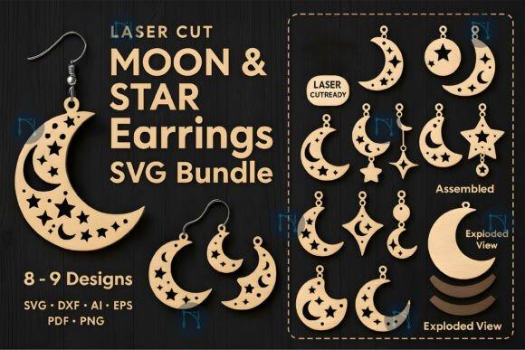 Laser Cut Moon and Star Earrings — laser cut jewelry Laser cut jewelry featuring moon and star earrings with crescent moons and star cutouts in wood material