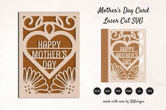 Laser Cut Card Happy Mother's Day Laser cut card with heart and floral design saying Happy Mother's Day in beige over wood background