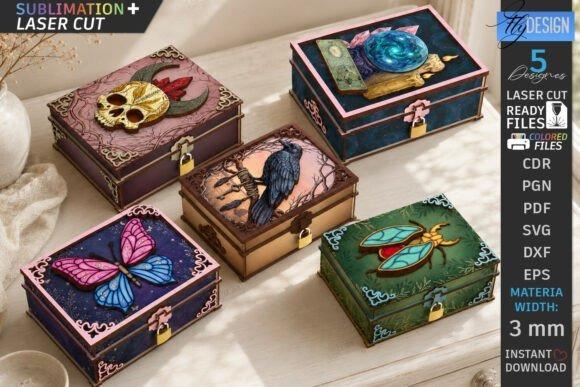 Mystical Gothic Laser Cut Wooden Boxes Laser cut wooden box designs featuring mystical and gothic themes with ornamental patterns and colorful illustrations