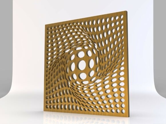 Optical Illusion Wall Panel — laser cut wall decor Laser cut wall decor panel with optical illusion of swirling circular cutouts creating depth and movement