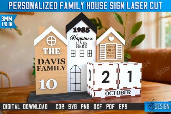 Laser Cut Perpetual Calendar Design — laser cut perpetual calendar designs Laser cut perpetual calendar designs featuring a personalized family house sign with date blocks in natural wood