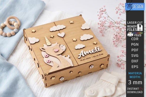 Laser Cut Baby Keepsake Box — laser cut gift box designs Laser cut gift box designs featuring a personalized wooden baby keepsake memory box with unicorn and clouds