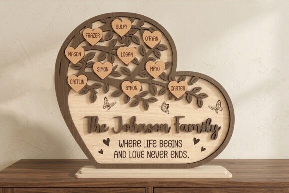 Family Name Welcome Sign — laser cut decor ideas Laser cut decor ideas family name welcome sign with heart-shaped design and personalized names on wooden hearts