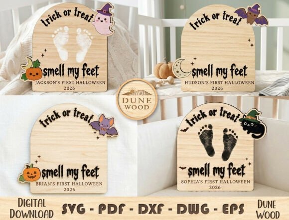 Personalized Laser Cut Name Signs — laser cut decor ideas Laser cut decor ideas featuring personalized wooden Halloween signs with baby footprints and themed decorations