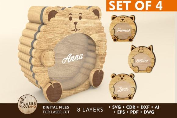 Laser Cut Wood Box Designs Laser cut wood box shaped like a bear with engraved name Anna and smaller animal-shaped boxes with names Thomas, Oliver, and