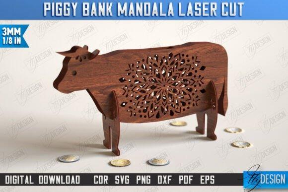 Cow Mandala Laser Cut Money Box Laser cut money box shaped like a cow with intricate mandala pattern engraved on wood