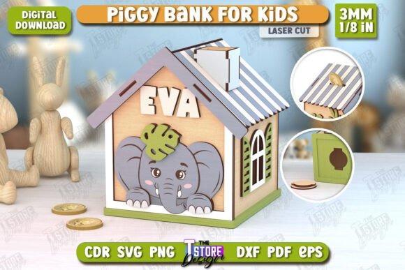 Elephant Laser Cut Money Box Laser cut money box shaped like a house with an elephant design and personalized name EVA on front